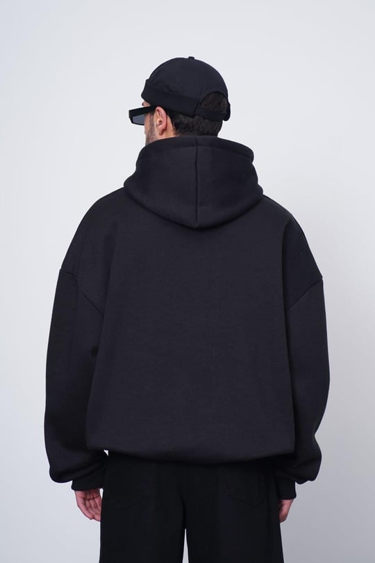 Siyah Distoworld Nakış Süzene Detay HAFKA PREMİUM 3 İplik Şardonlu Oversize Sweatshirt