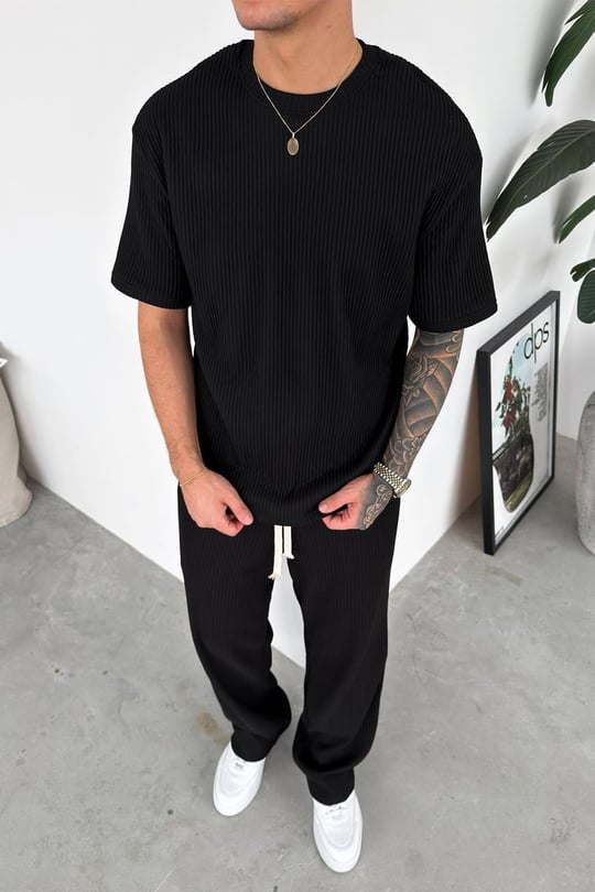 Siyah Ottoman Kumaş Oversize Tişört