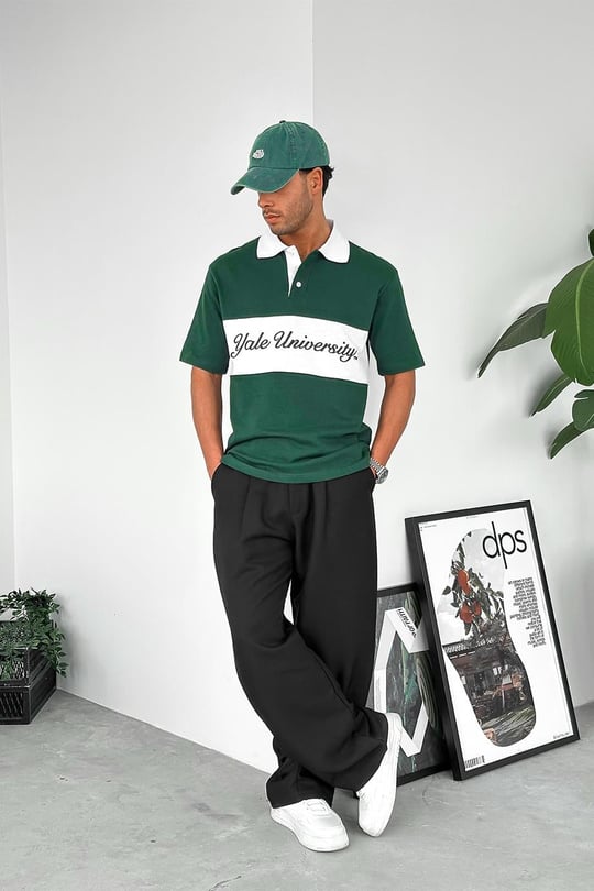Yeşil Yale University PM Oversize Polo Yaka Tişört