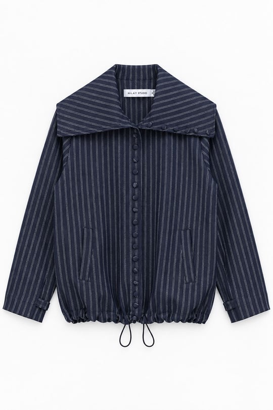 Coco Düğmeli Fleto Cepli Çizgili Denim Bomber LACİVERT