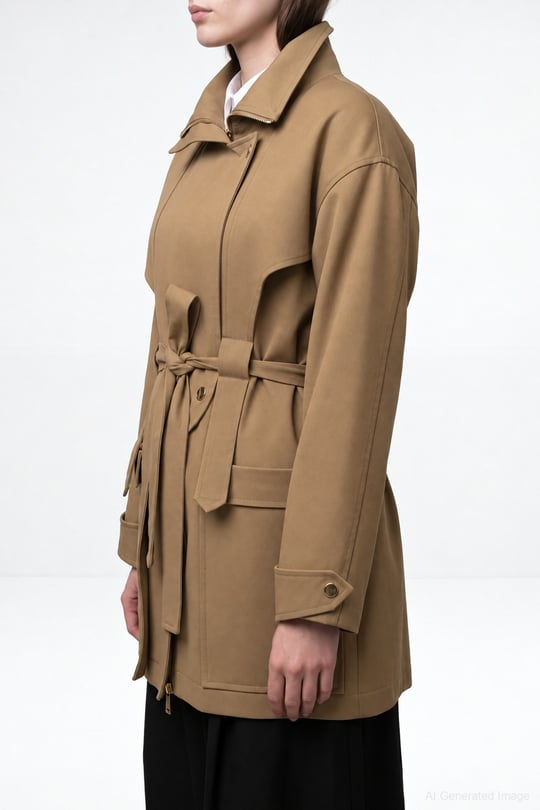 Cool Dik Yaka Belden Kuşaklı Pamuklu Parka CAMEL
