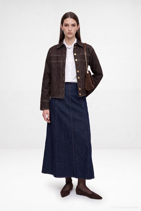 Luv Düğmeli Kontrast Dikişli Denim Ceket ACI KAHVE
