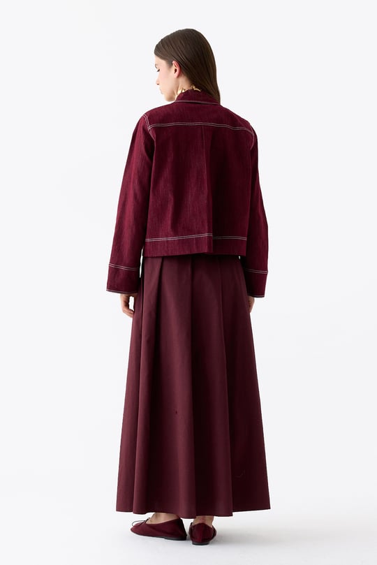 Luv Düğmeli Kontrast Dikişli Denim Ceket BORDO