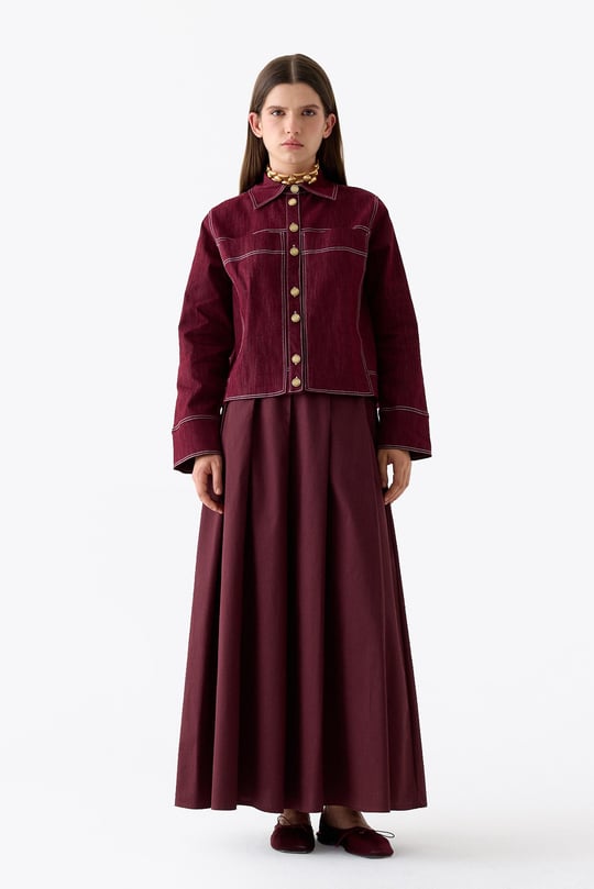 Luv Düğmeli Kontrast Dikişli Denim Ceket BORDO