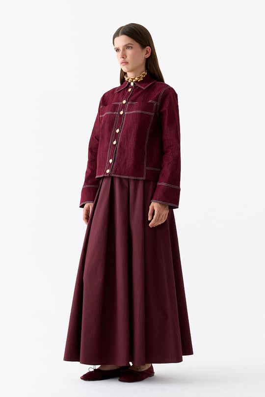 Luv Düğmeli Kontrast Dikişli Denim Ceket BORDO