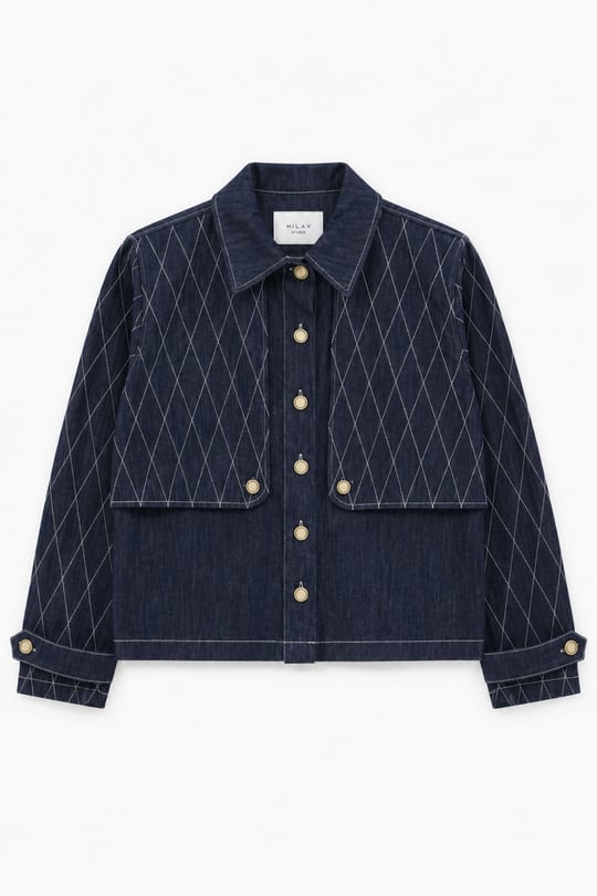 Mono Kapitone Dikişli Denim Ceket LACİVERT
