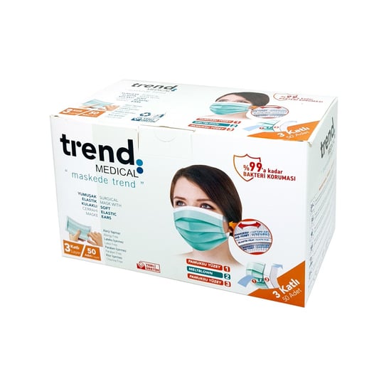Trend Cerrahi Maske 3 Katlı Burun Telli Elastik 50li | Tshop