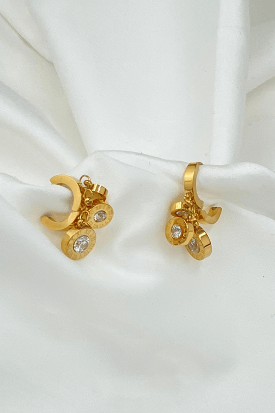 Roman Numerals Crystal Hinged Hoop Earrings Gold