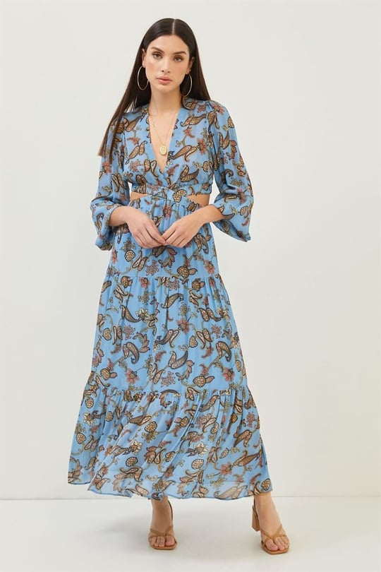 Kadın Mavi Şal Desenli Cut Out Detaylı Maxi Boy Elbise ST070S40160701 |  Setre