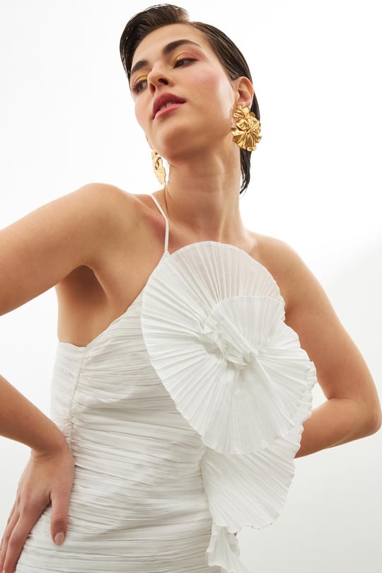Kadın Ekru Çiçek Detaylı Drapeli Abiye Elbise ST070S40185501 | Setre