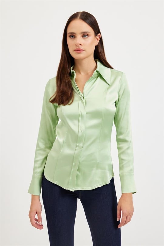 Kadın Nil Yeşili Saten Slim Fit Uzun Kollu Gömlek ST060W55234001 | Setre