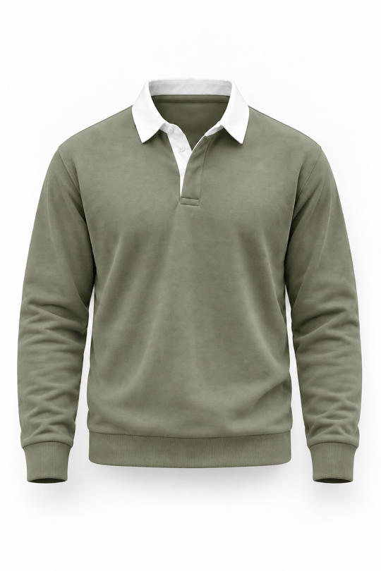Luis Polo Yaka Selanik Örme Kumaş Erkek Sweatshirt - Açık Haki