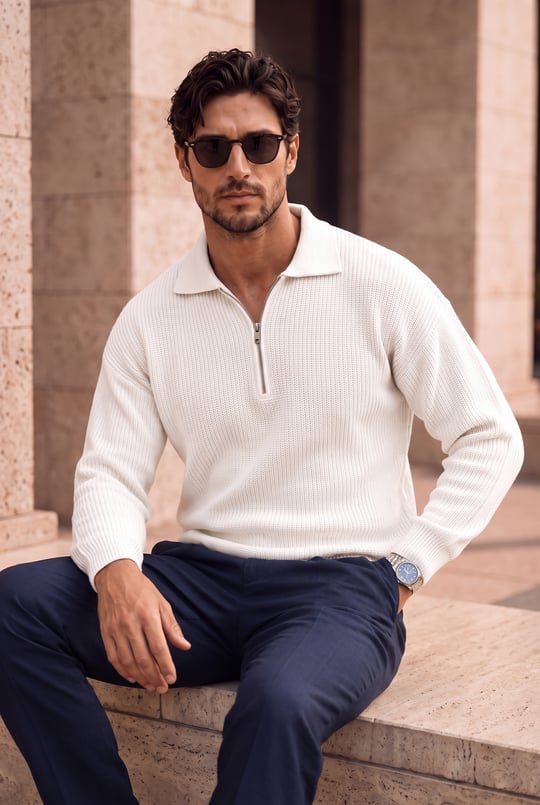 Gibson Oversize Yarım Fermuar Gömlek Polo Yaka Selanik Örme Erkek Triko Kazak - Ekru