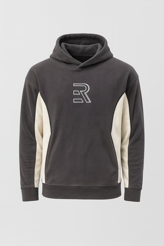 Frank Parçalı Kontrast Desenli Kapüşonlu Oversize Cepli Polar Erkek Sweatshirt - Füme