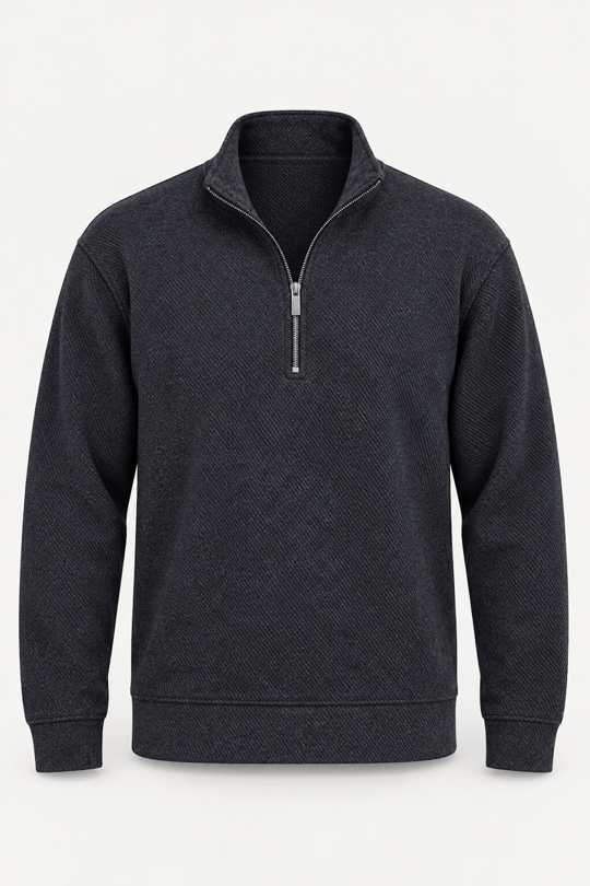 Dante Regular Fit Örme Kaşe Dik Yaka Yarım Fermuarlı Erkek Sweatshirt - Siyah