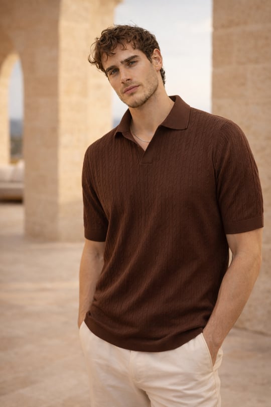 Nestor Saç Örgü Desenli Polo Yaka Regular Fit Örme İnce Triko Erkek T-Shirt - Kahve