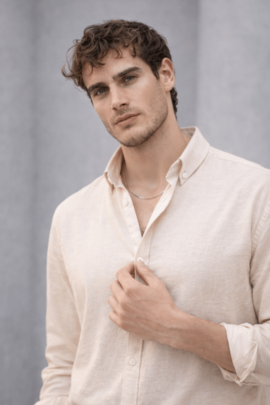Scott – Soft Dokulu Yarım Oversize Modern Keten Görünümlü Erkek Gömlek - Bej