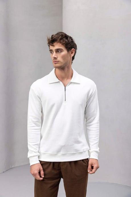 Eric Relax Fit Yarım Fermuar Polo Yaka Selanik Sweatshirt Ekru - Roy Kadife Kumaş Pantolon Kahve