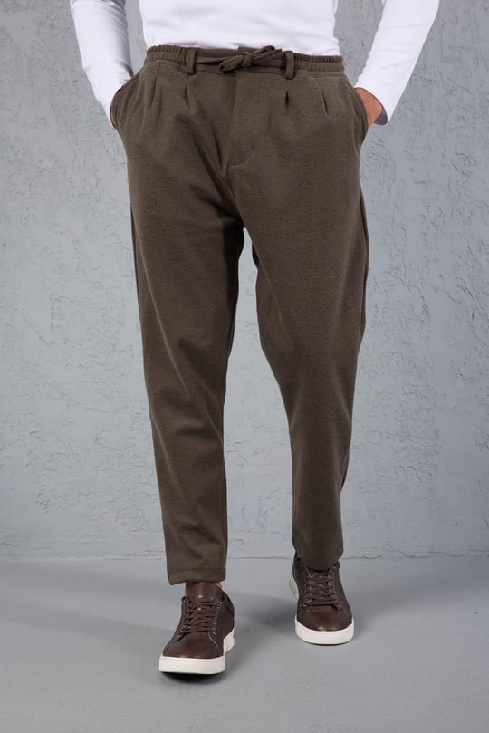 Milos Relax Fit Örme Kaşe Kumaş Fermuarlı Beli Lastikli Jogger Erkek Pantolon - Vizon