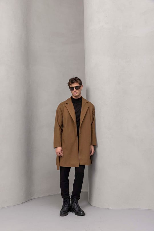 Carlo Oversize Kaşe Kaban Camel - Fincher Boğazlı Kazak Siyah - Bezayağı Kumaş Pantolon Siyah