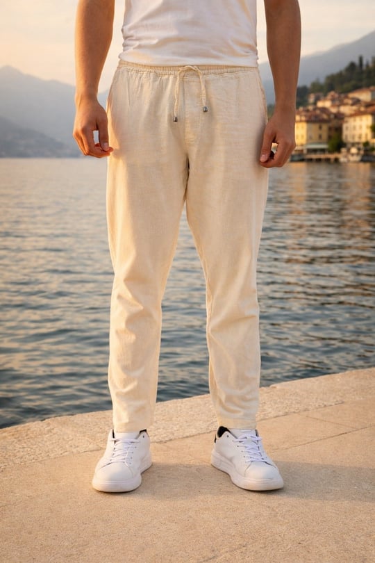 Meridian Kumaş Relaxed Fit %100 Pamuklu Jogger Erkek Yazlık Eşofman Altı Pantolon - Ekru