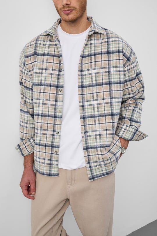 Jasper Relaxed Fit Pamuklu İnce Çizgili Oduncu Erkek Gömlek - Mavi-Yeşil