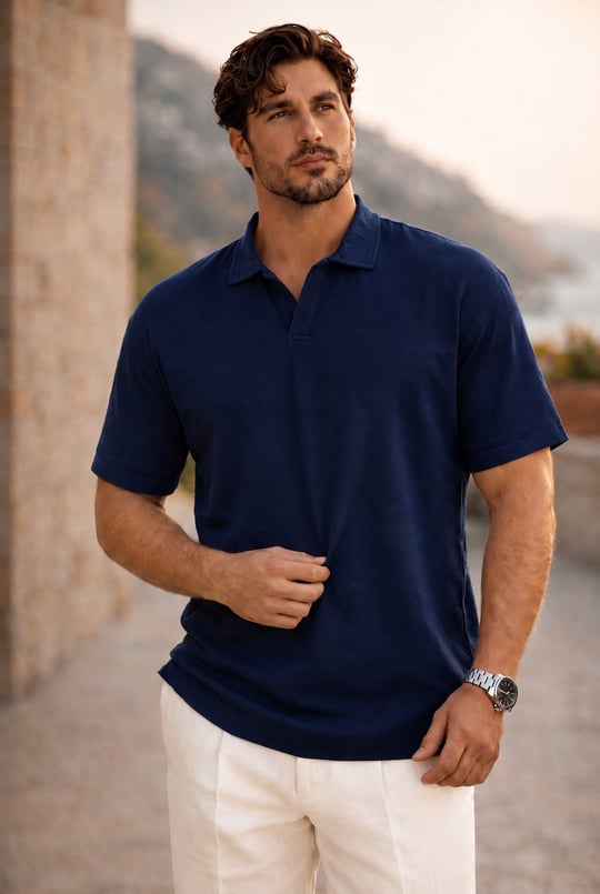 Rohmer Relax Fit V-Pat Polo Yaka Likralı Pamuk Erkek T-Shirt - Lacivert