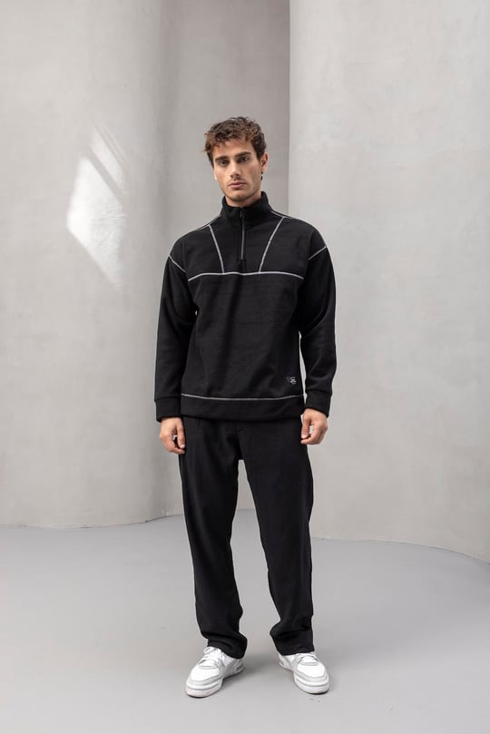 Crowe Şerit Detaylı Yarım Fermuar Polar Sweatshirt Siyah - Bezayağı Kumaş Pantolon Siyah
