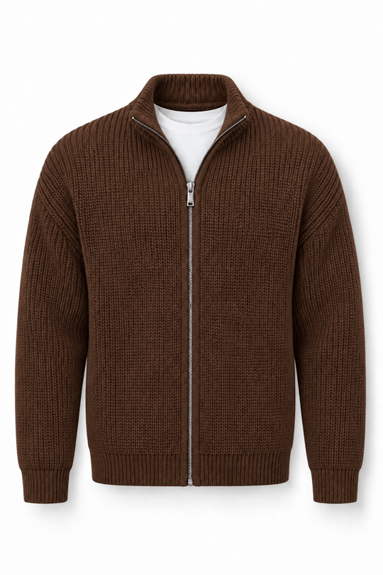 Woody Relaxed Fit Selanik Örme Fermuarlı Erkek Hırka - Kahve