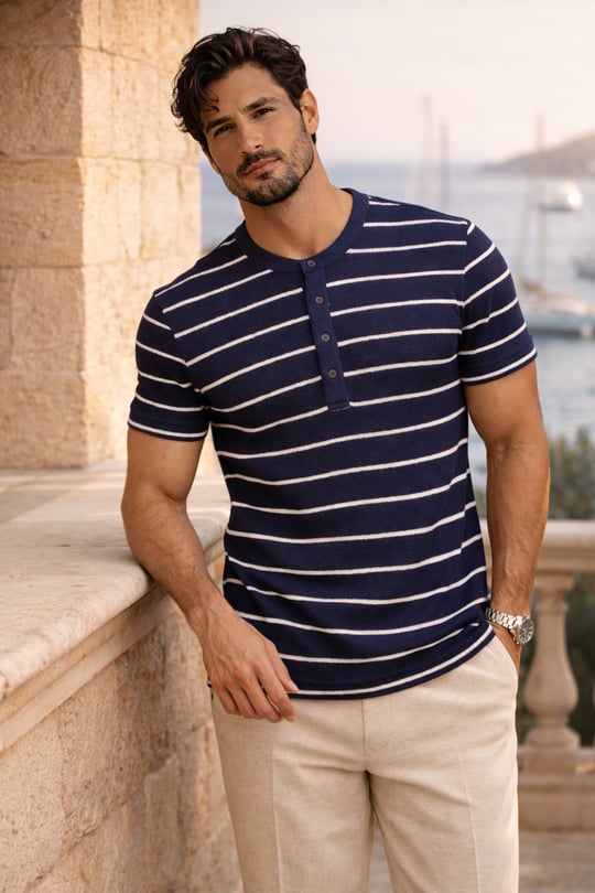 Kristof Pike Kumaş Regular Fit Düğmeli Yaka Kendinden Çizgili T-Shirt - Lacivert