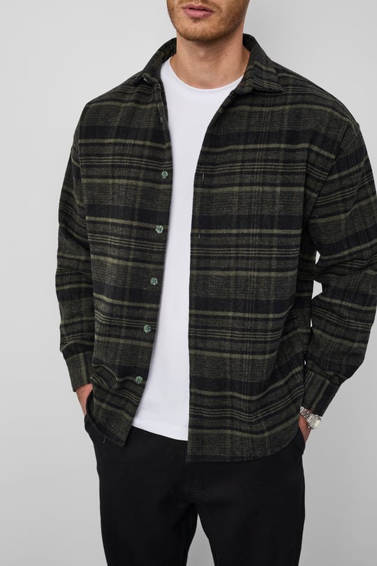 Brandon Relaxed Fit Pamuklu Geniş Çizgili Oduncu Erkek Gömlek - Yeşil
