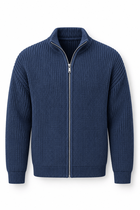 Woody Relaxed Fit Selanik Örme Fermuarlı Erkek Hırka - İndigo