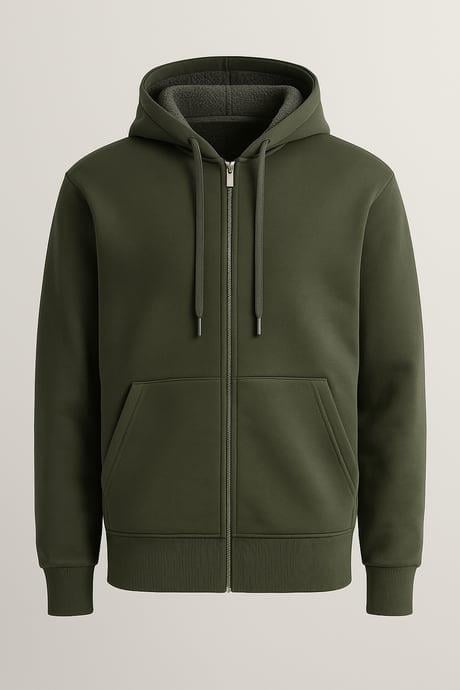 İçi Peluş Üç İplik Kumaş Oversize Fermuarlı Kapüşonlu Sweatshirt - Çam Yeşili 