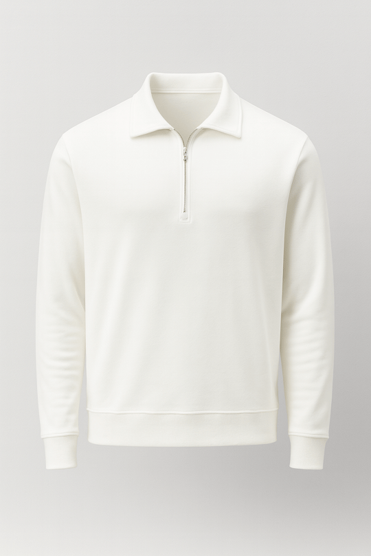 Eric Relax Fit Yarım Fermuarlı Polo Yaka Selanik Kumaş Erkek Sweatshirt - Ekru