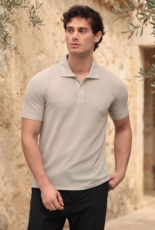 Evenor Kabartma Desenli Polo Yaka Düğmeli Relaxed Fit Yumuşak İnce Erkek T-Shirt - Taş