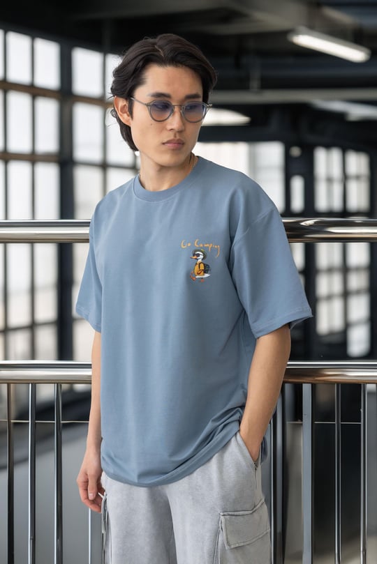 Cep Baskılı İki İplik Kumaş Pamuklu Oversize Erkek T-Shirt - Soğuk Mavi