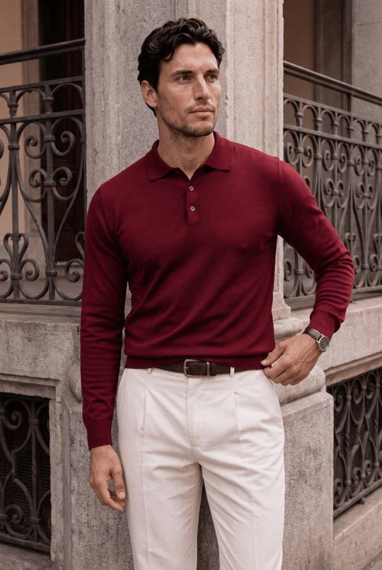 Portofino Premium Düğmeli Polo Yaka İnce Erkek Triko Kazak - Bordo