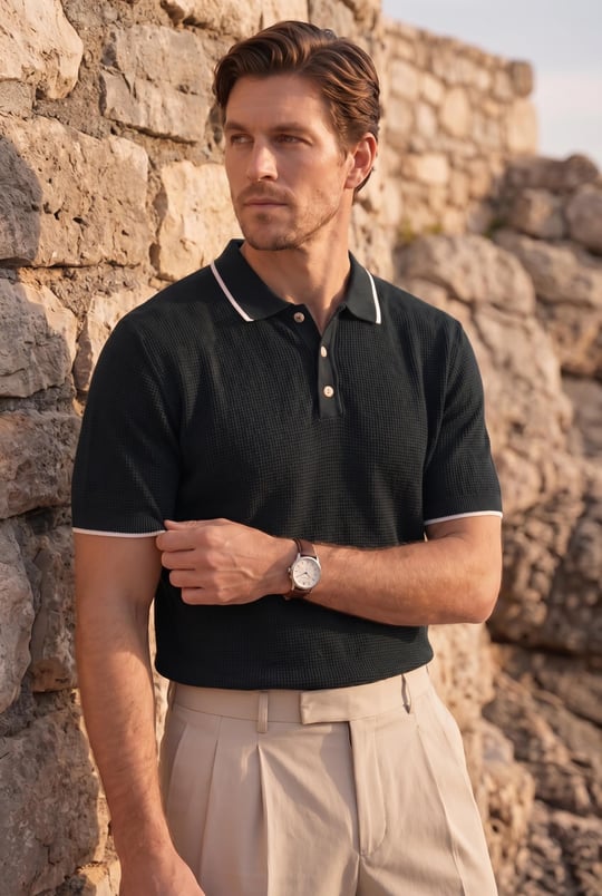 Balzac Yakası Şeritli Düğmeli Polo Yaka Basic Günlük Petek Örgü Triko Erkek T-Shirt - Siyah