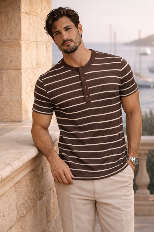 Kristof Pike Kumaş Regular Fit Düğmeli Yaka Kendinden Çizgili T-Shirt - Kahve