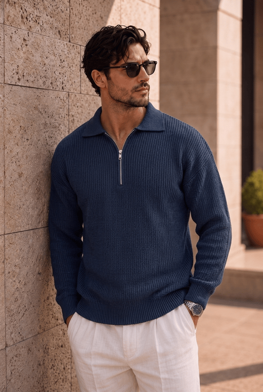 Gibson Oversize Yarım Fermuar Gömlek Polo Yaka Selanik Örme Erkek Triko Kazak - İndigo