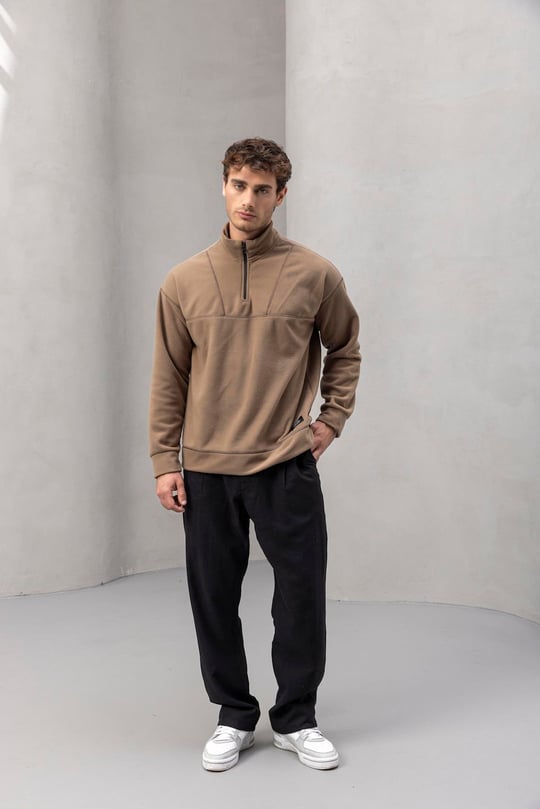 Crowe Şerit Detaylı Yarım Fermuar Polar Sweatshirt Bej - Bezayağı Kumaş Pantolon Siyah