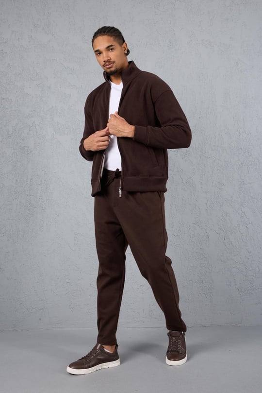 Ron Selanik Örme İçi Peluş Çift Fermuarlı Sweatshirt Kahve - Milos Kaşe Kumaş Jogger Pantolon Kahve