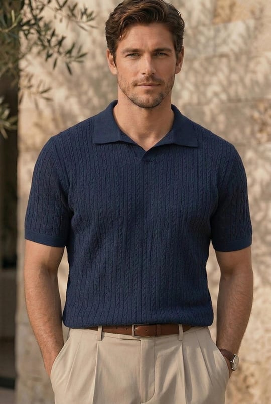 Nestor Saç Örgü Desenli Polo Yaka Regular Fit Örme İnce Triko Erkek T-Shirt - Lacivert