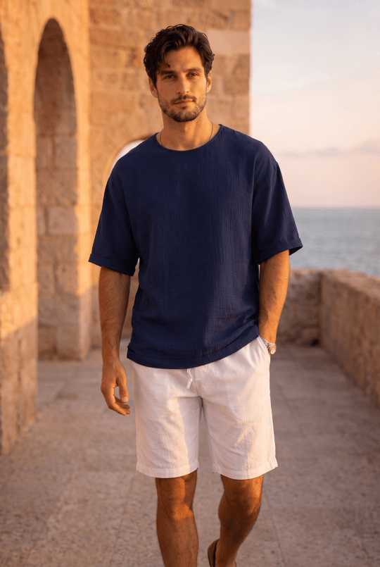 Godard Relax Fit %100 Pamuk Müslin Kumaş Duble Kol Bisiklet Yaka Erkek T-Shirt - Lacivert