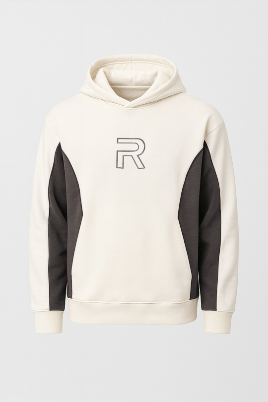 Frank Parçalı Kontrast Desenli Kapüşonlu Oversize Cepli Polar Erkek Sweatshirt - Ekru