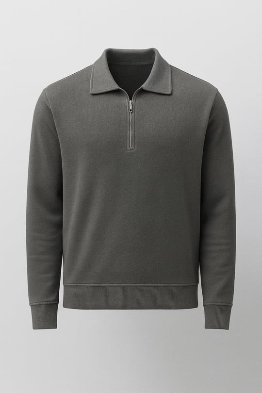Eric Relax Fit Yarım Fermuarlı Polo Yaka Selanik Kumaş Erkek Sweatshirt - Avcı Yeşili