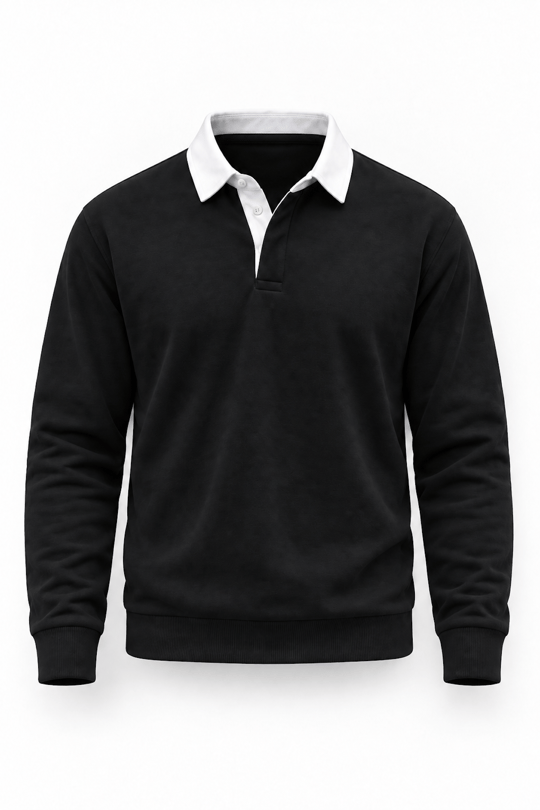 Luis Polo Yaka Selanik Örme Kumaş Erkek Sweatshirt - Siyah