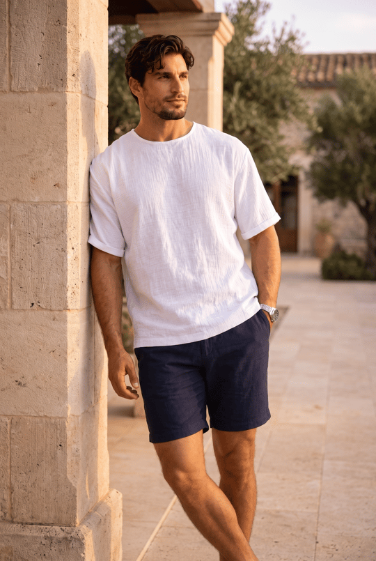 Godard Relax Fit %100 Pamuk Müslin Kumaş Duble Kol Bisiklet Yaka Erkek T-Shirt - Beyaz
