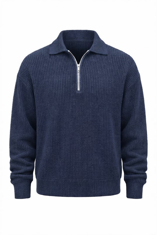 Gibson Oversize Yarım Fermuar Gömlek Polo Yaka Selanik Örme Erkek Triko Kazak - İndigo