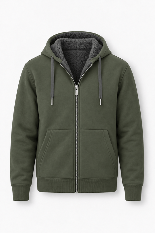 İçi Peluş Üç İplik Kumaş Oversize Fermuarlı Kapüşonlu Sweatshirt - Çam Yeşili 